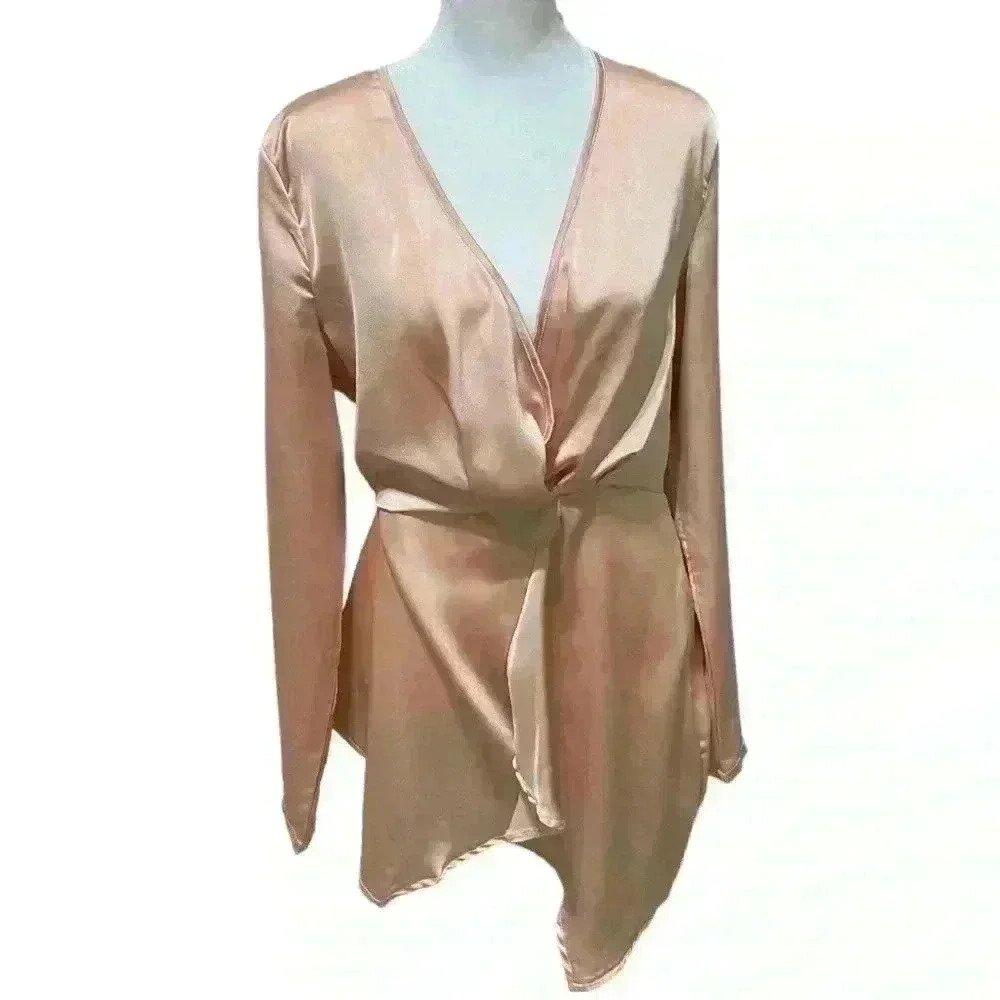 PrettyLittleThing Nude Satin Long Sleeve Wrap Dress - Picture 5 of 13